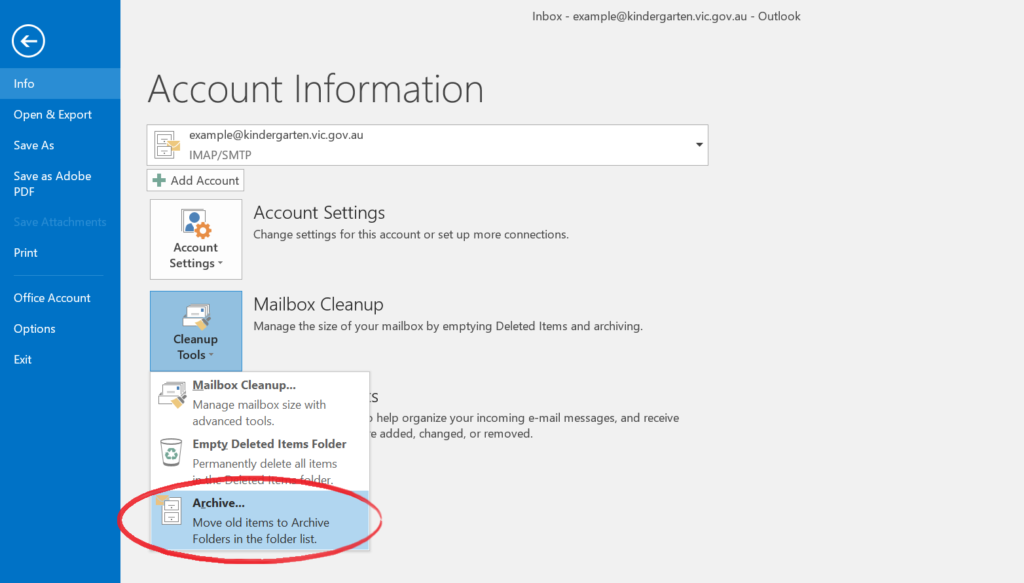 turn on archive folder in outlook 2016