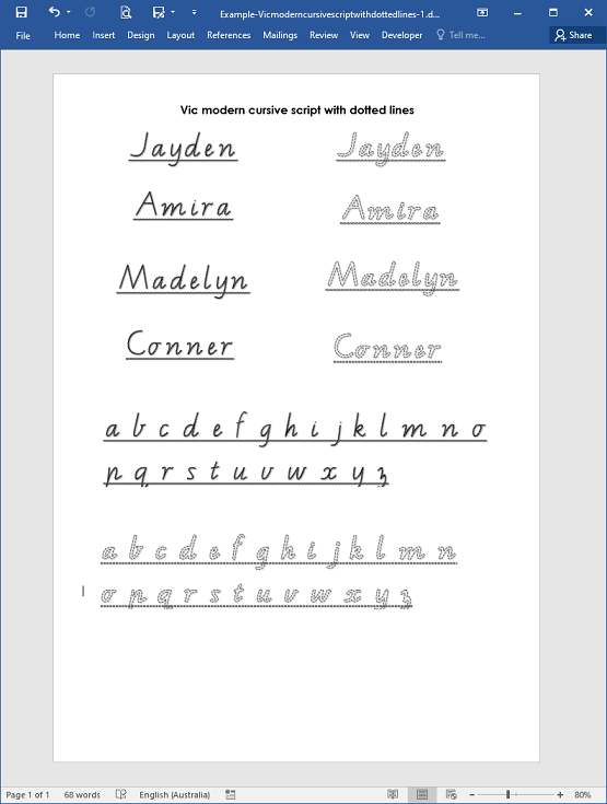 Create vic modern cursive script with dotted lines kindergarten it