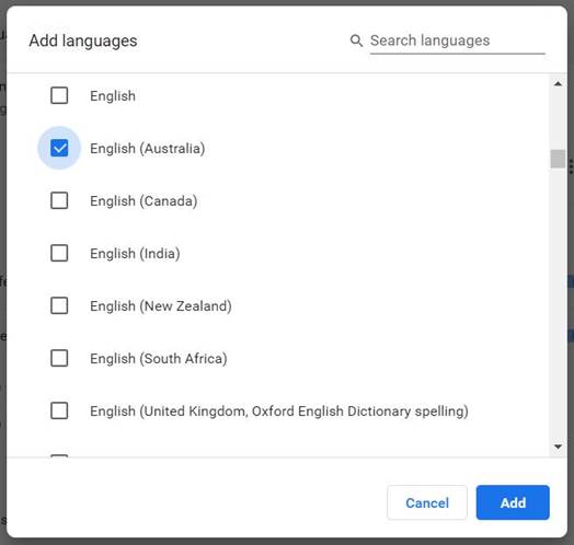 Chrome Settings Add languages English (Australia) ticked