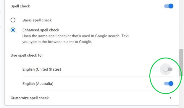 Chrome Settings Languages Use spell check for English (Australia) selected